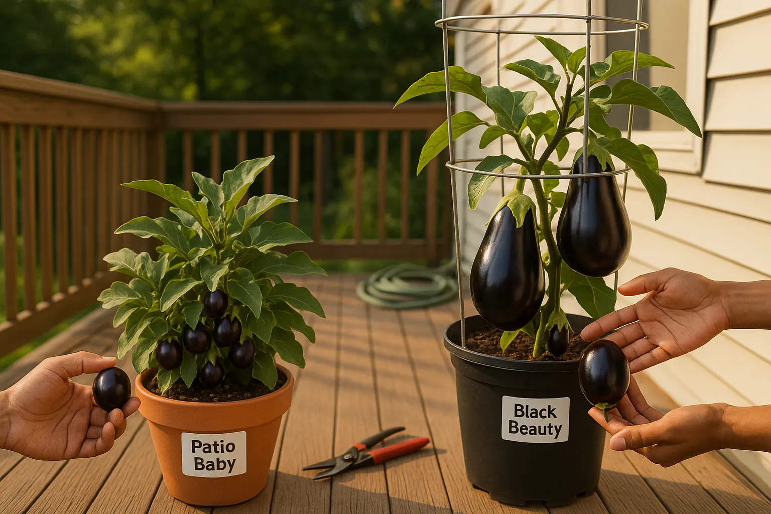Two potted eggplants side-by-side showing compact and standard fruit size.