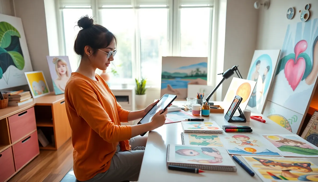 young artist creating digital art in a bright studio.