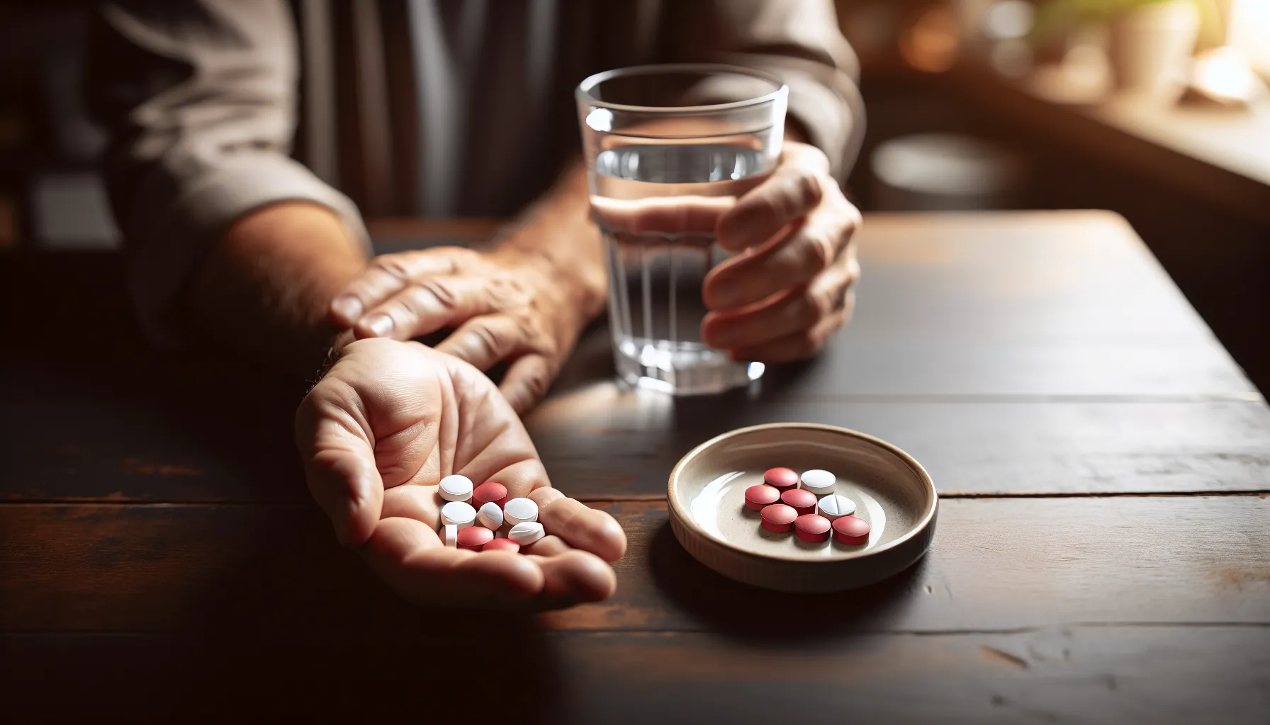 a hand holding ibuprofen tablets next to a glass of water on a table.