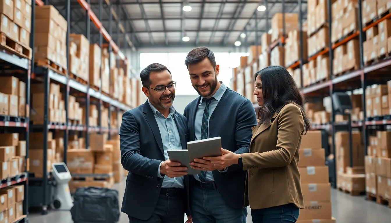 diverse team discussing logistics in a modern warehouse.