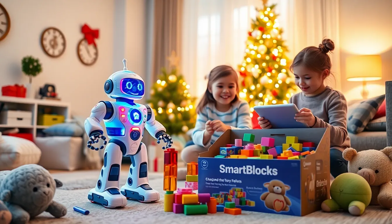children playing with trending Christmas toys in a festive living room.