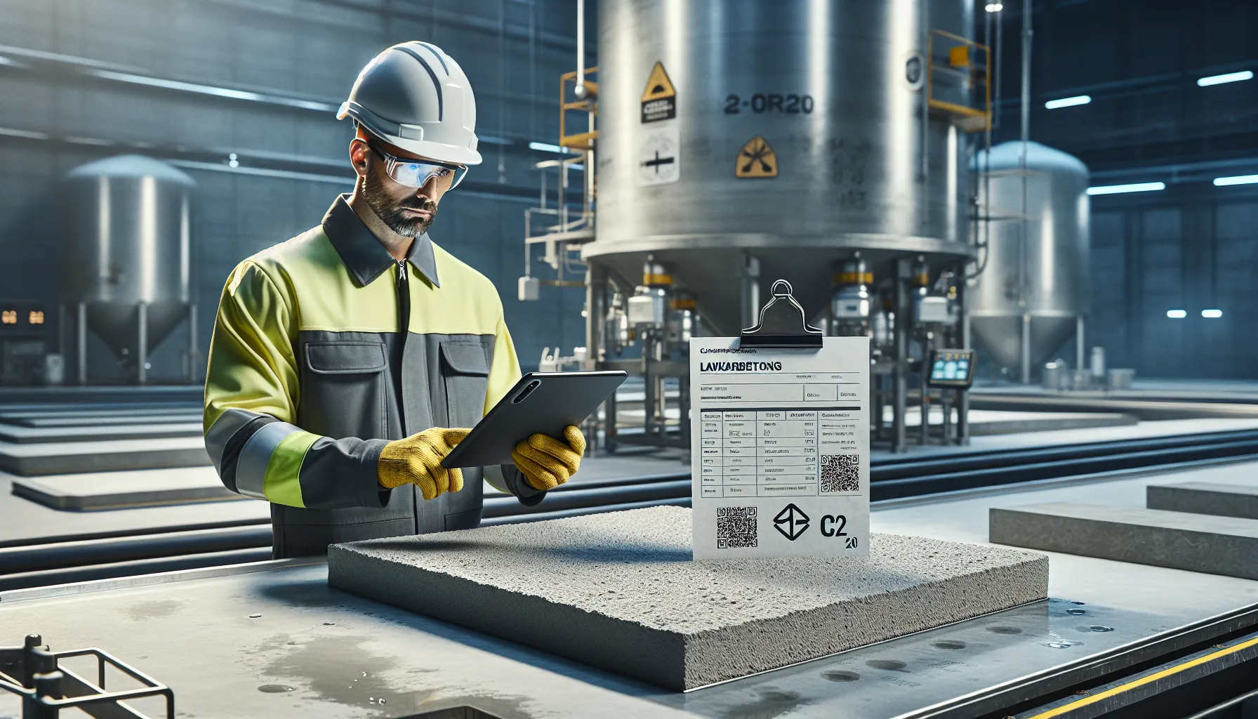 Norwegian engineer documents low-carbon concrete panel beside co₂ curing equipment.