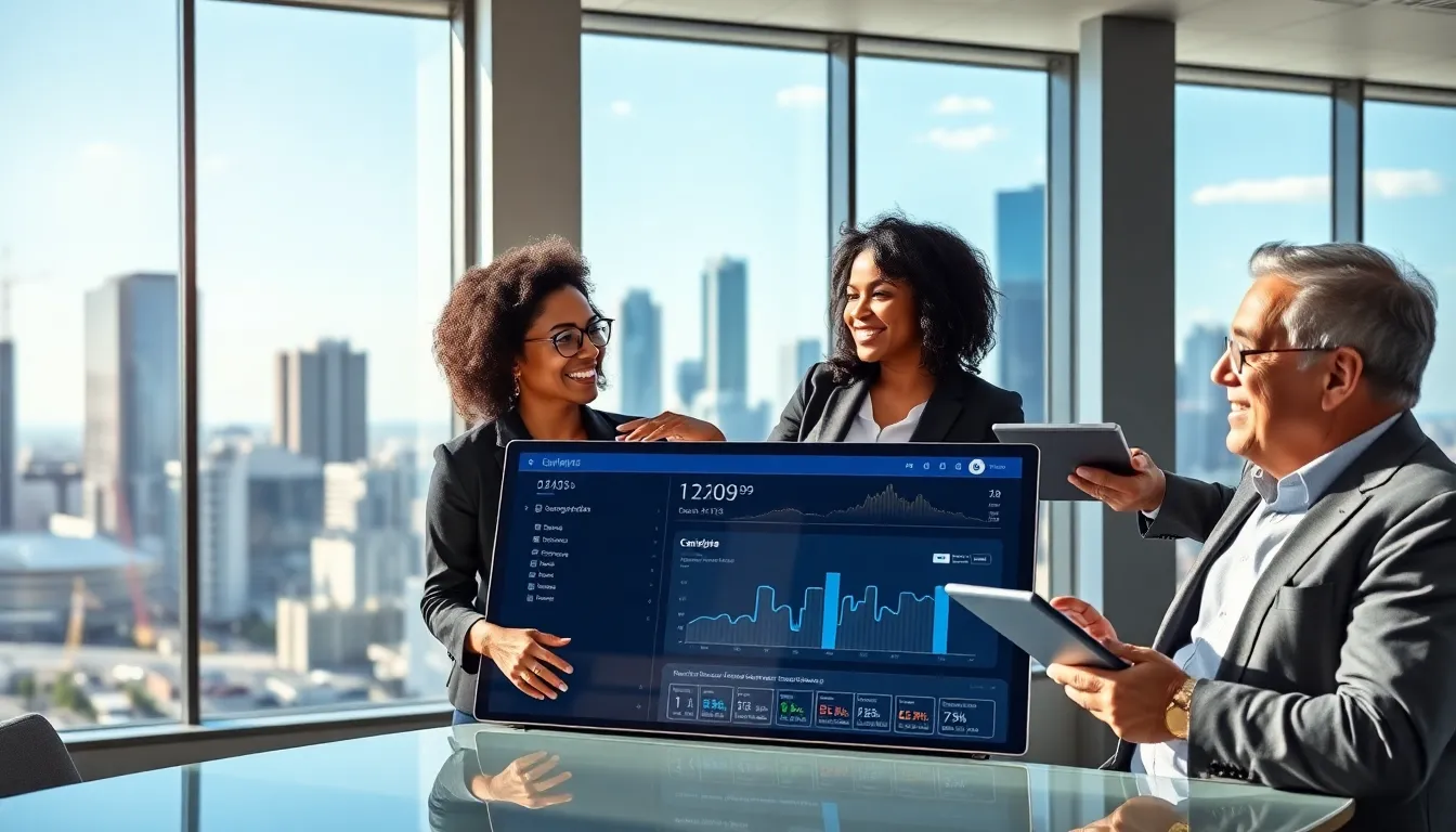 professionals discussing energy efficiency with a digital dashboard in an office