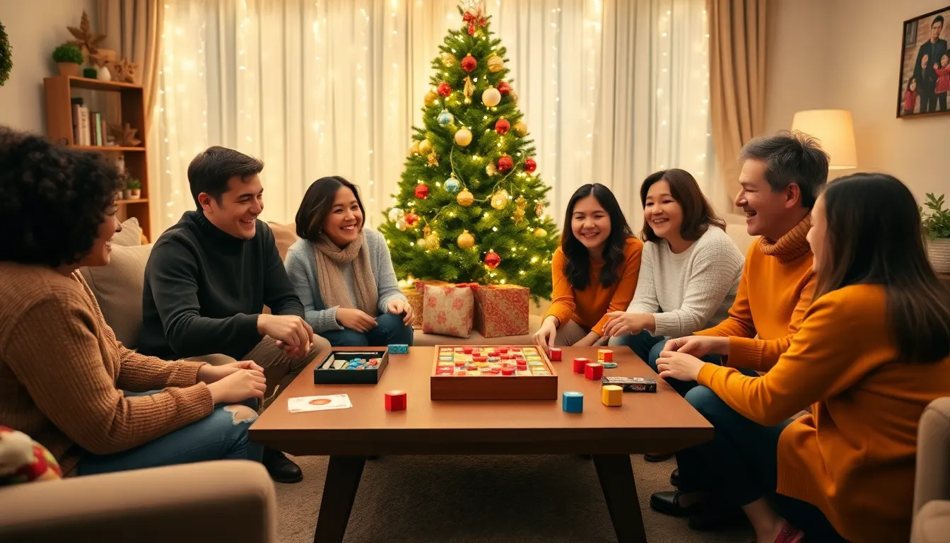 family playing games together in a festive living room.
