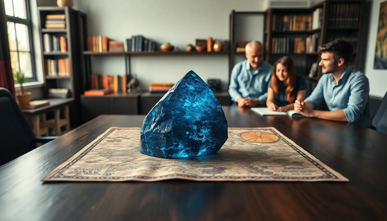 glowing Dragonstone on a table with a map and gaming enthusiasts.