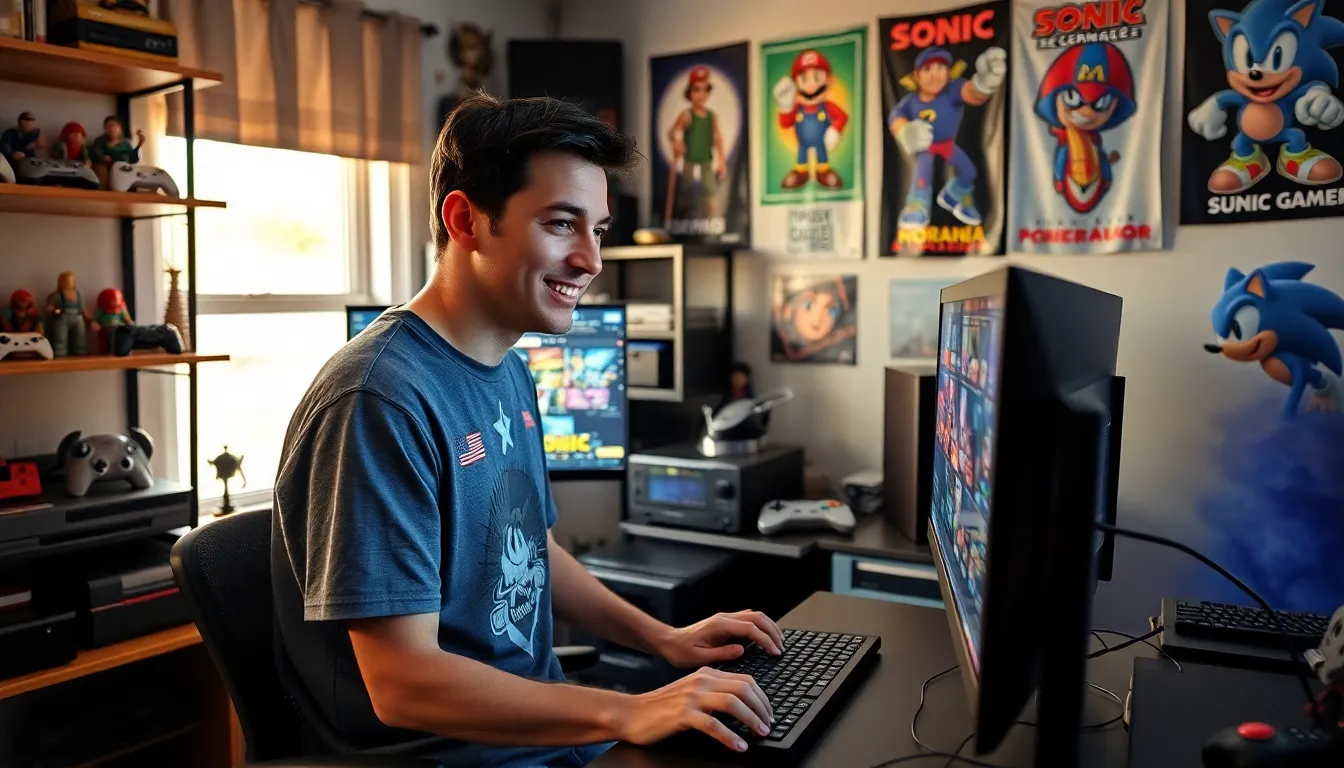 Larry Nando engaging with his gaming setup in a cozy room.