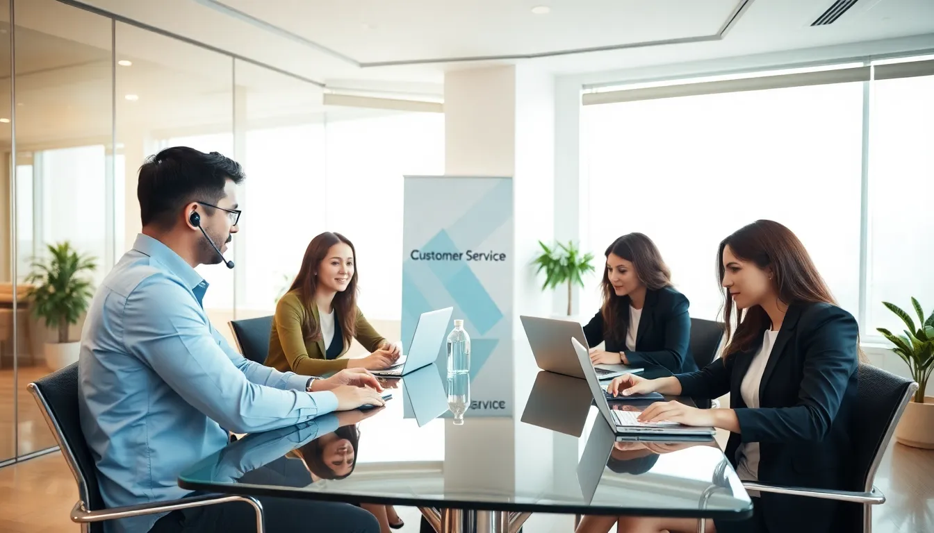 diverse team discussing customer service at a conference table.