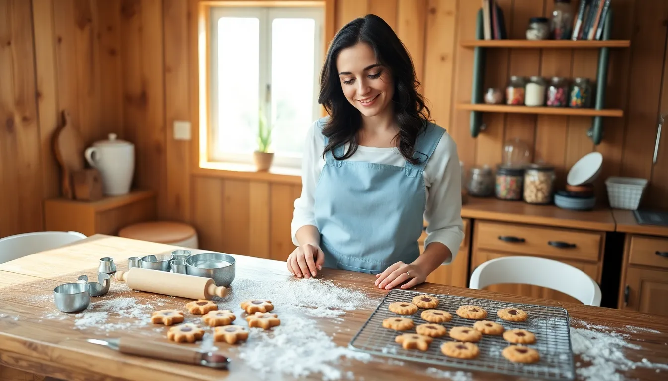 a woman baking cookies in a bright, cozy kitchen.