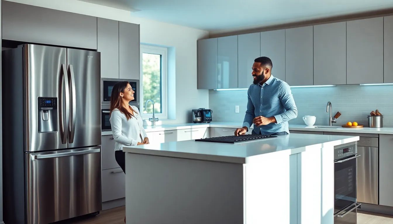 diverse professionals discussing modern kitchen appliances.