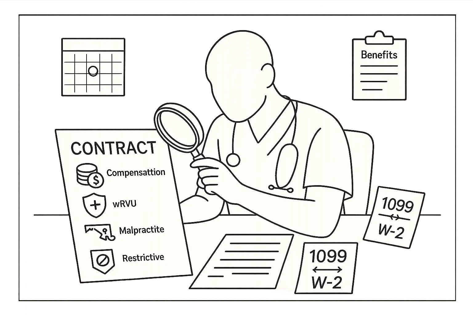 A PA at a desk examining a contract with icons for pay, RVUs, malpractice, Maryland restrictions.