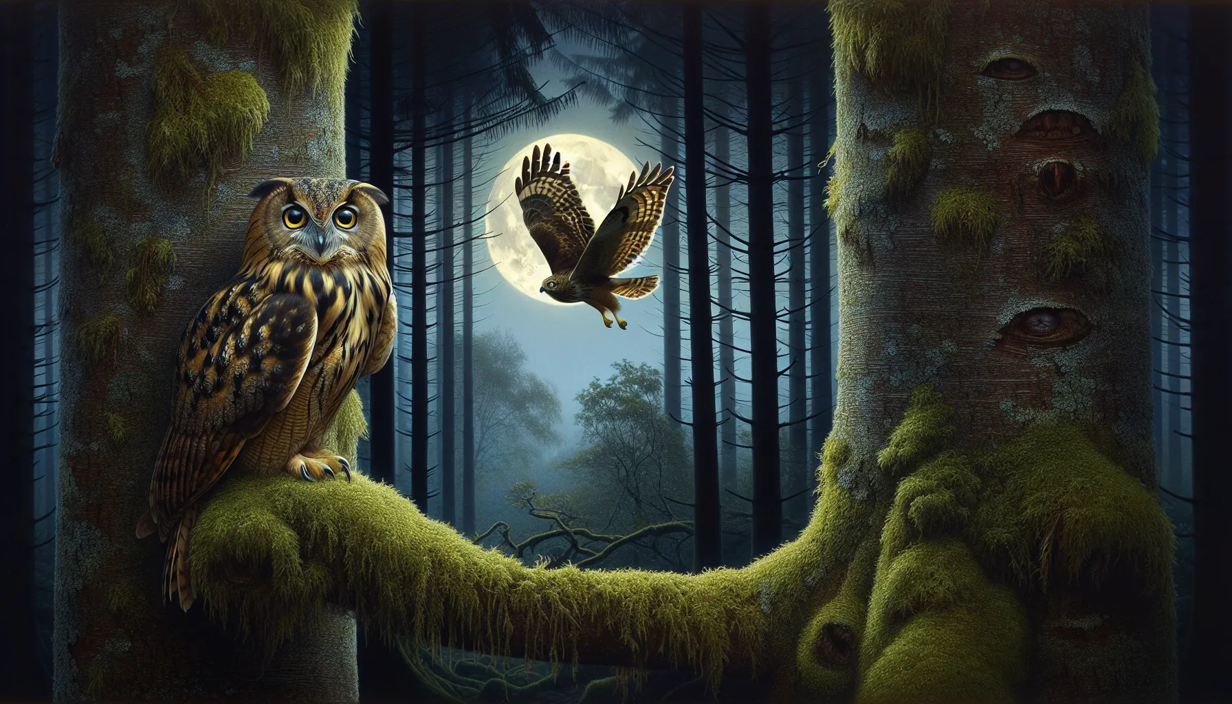 An owl on a branch and a hawk soaring in a forest at dusk.