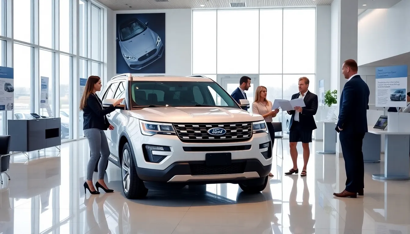 Professionals discussing Ford Explorer lease options in a car dealership.
