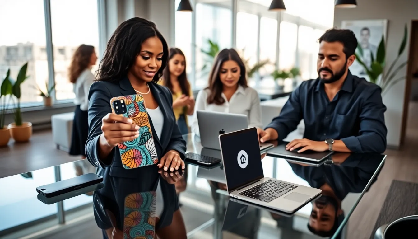 diverse professionals showcasing custom tech accessories in a modern office.