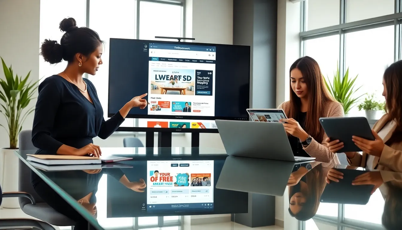 Professionals collaborating on digital savings and deals in a modern office.