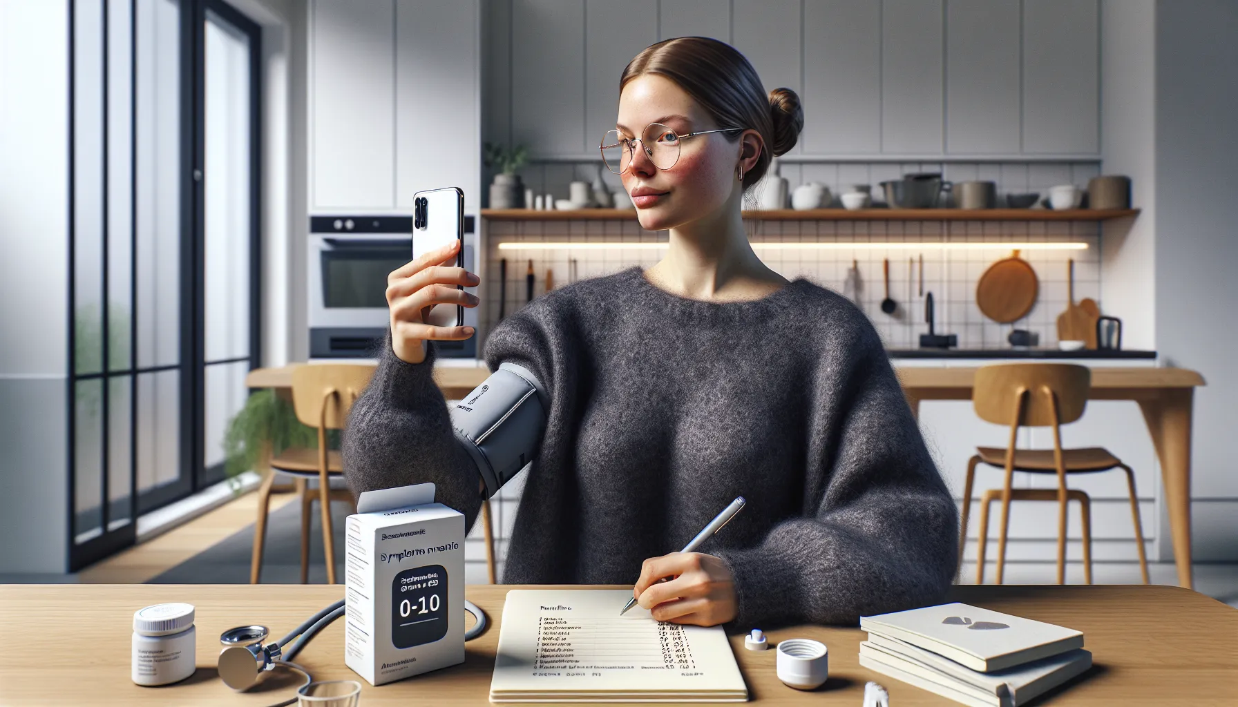 Woman organizing health notes and meds at home before a doctor’s visit.