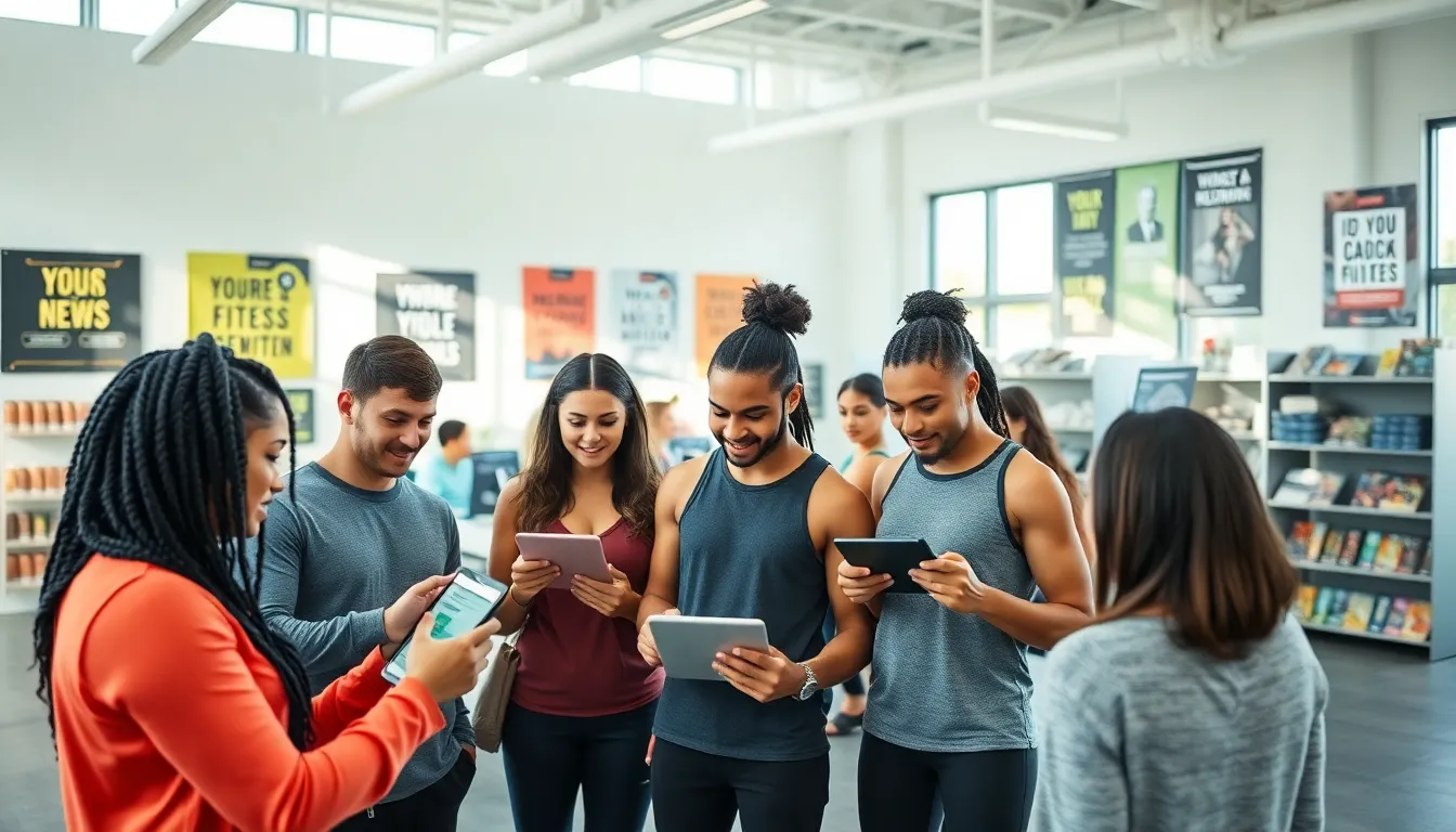 diverse fitness enthusiasts exploring resources in a modern fitness center.