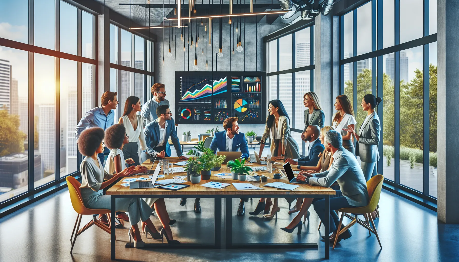 diverse group collaborating in a modern startup office.