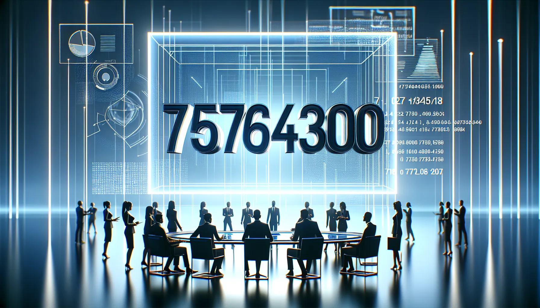 team discussing the meaning of the number 7576437200 in a modern office.