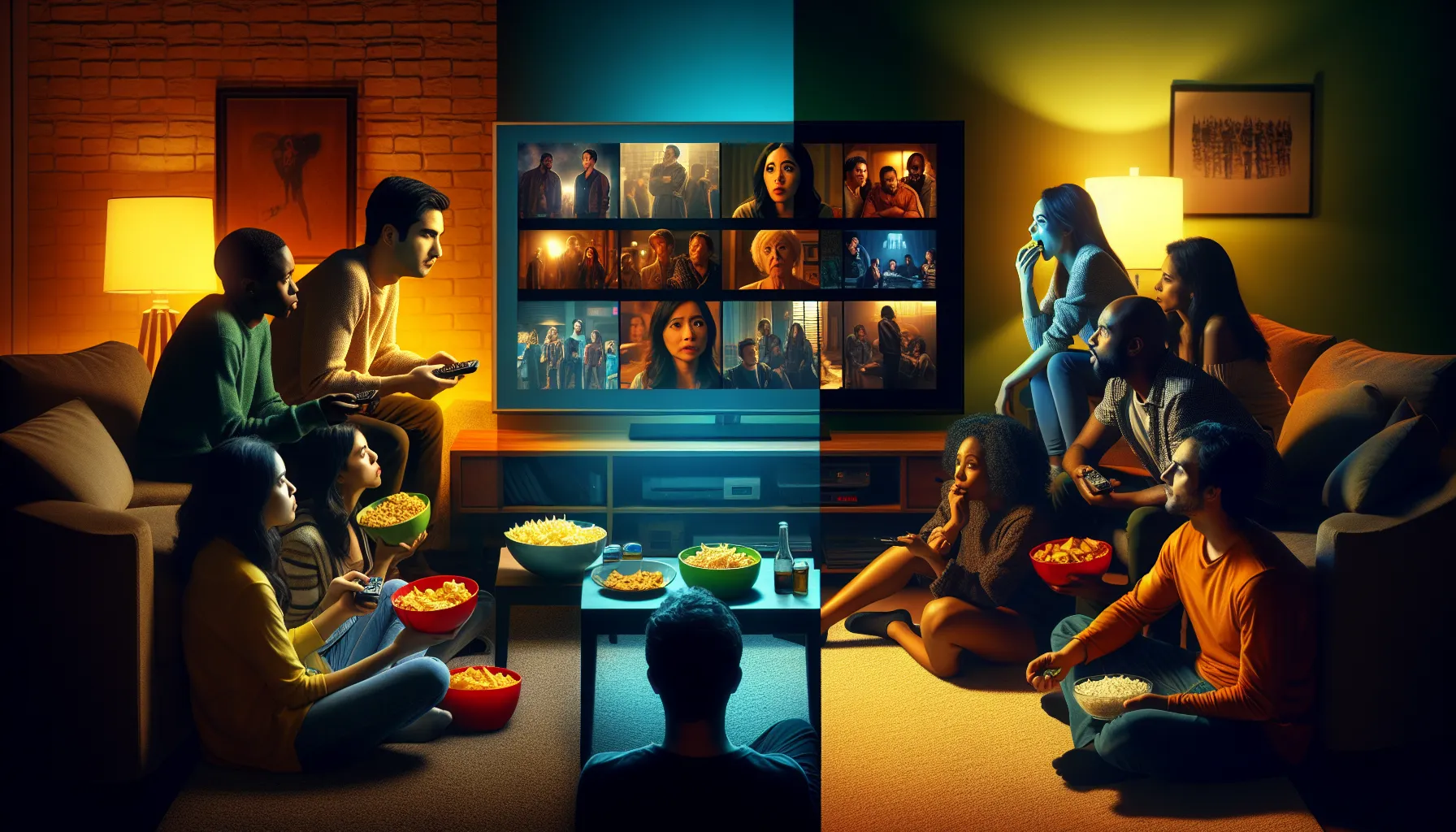 Split-screen of binge-watching versus weekly episode viewing scenarios.