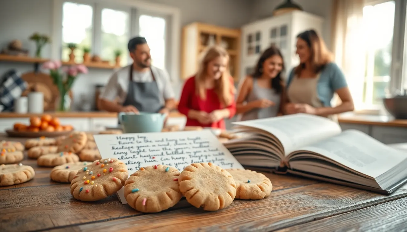 A family baking cookies together in a warm kitchen.