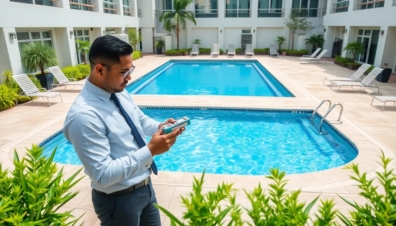 a technician conducting pool maintenance in a clean, inviting backyard.