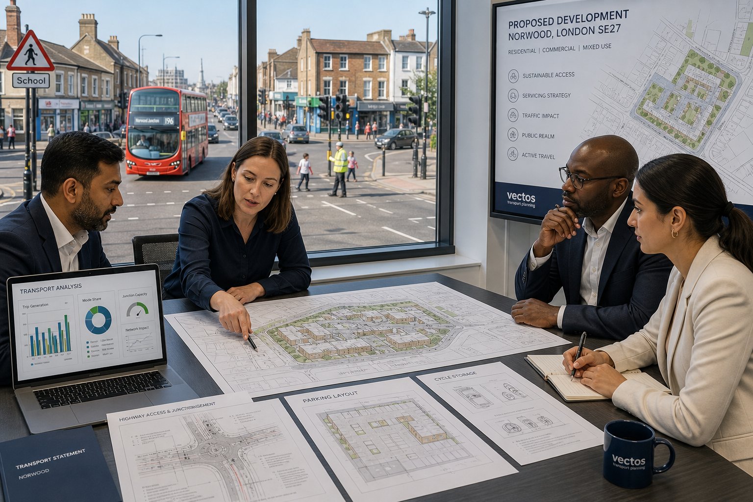 Traffic engineer reviewing Norwood development access and transport plans with planning team.