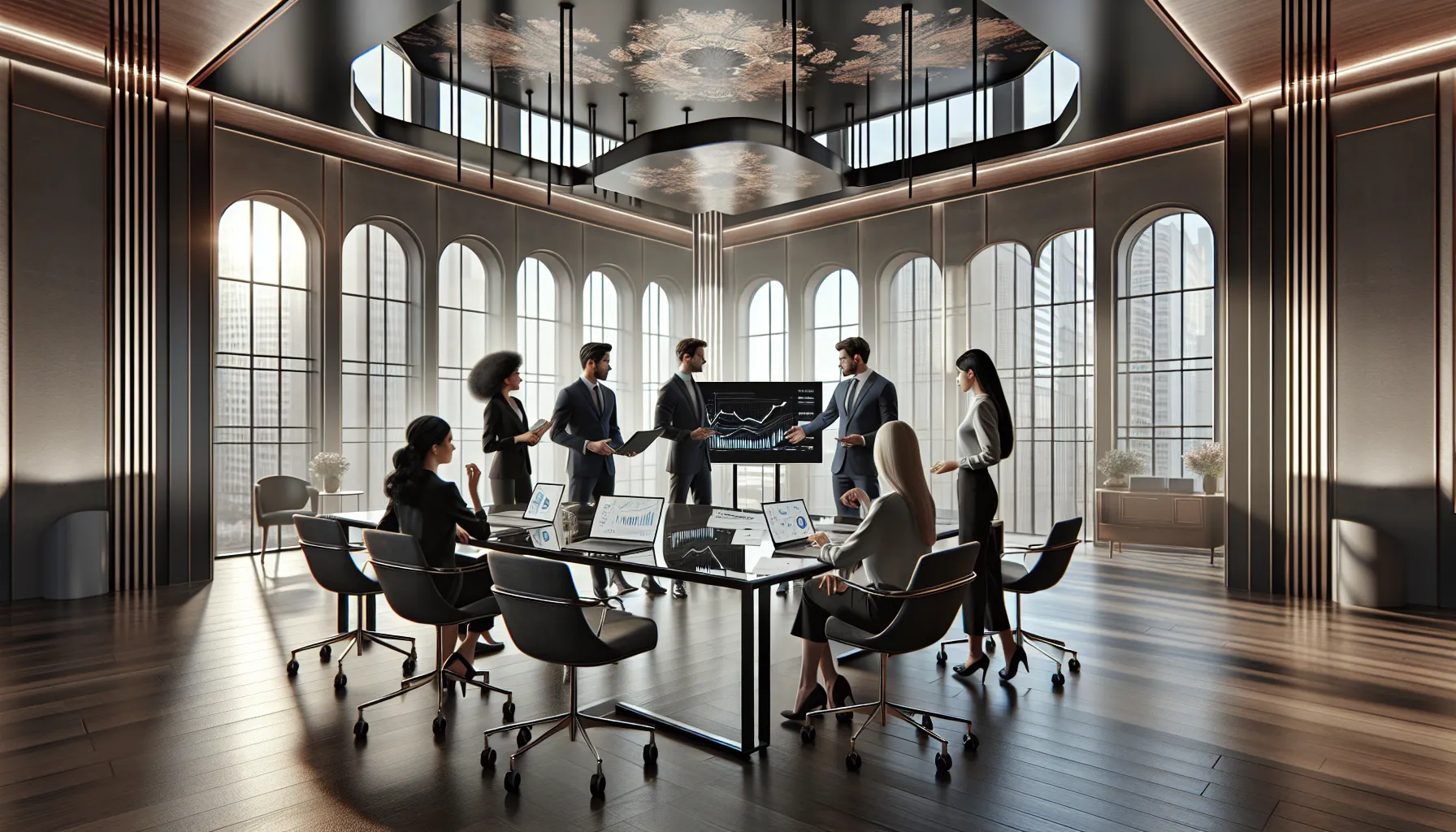 diverse team collaborating over data in a modern office.