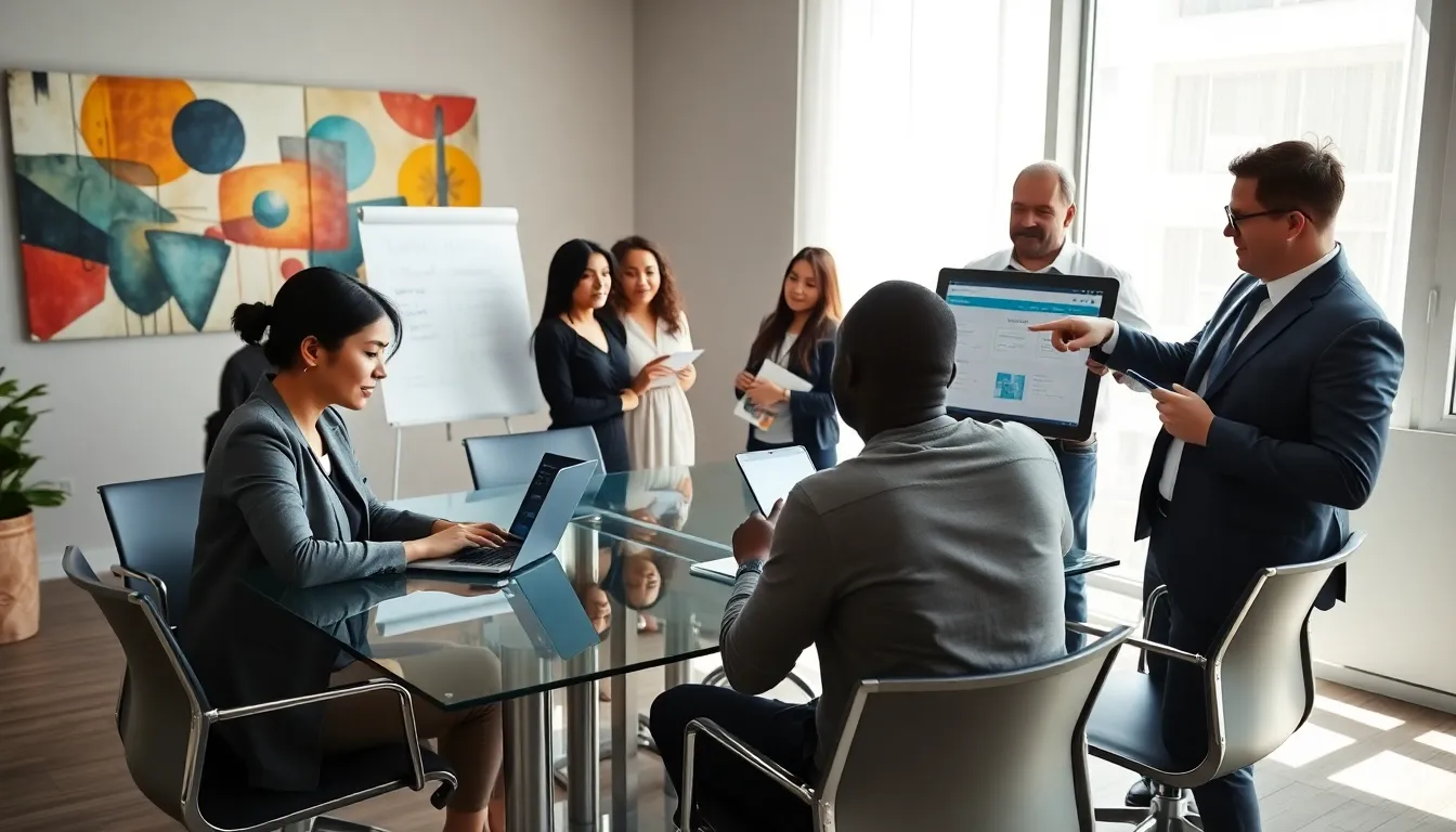 diverse team collaborating in a modern office.