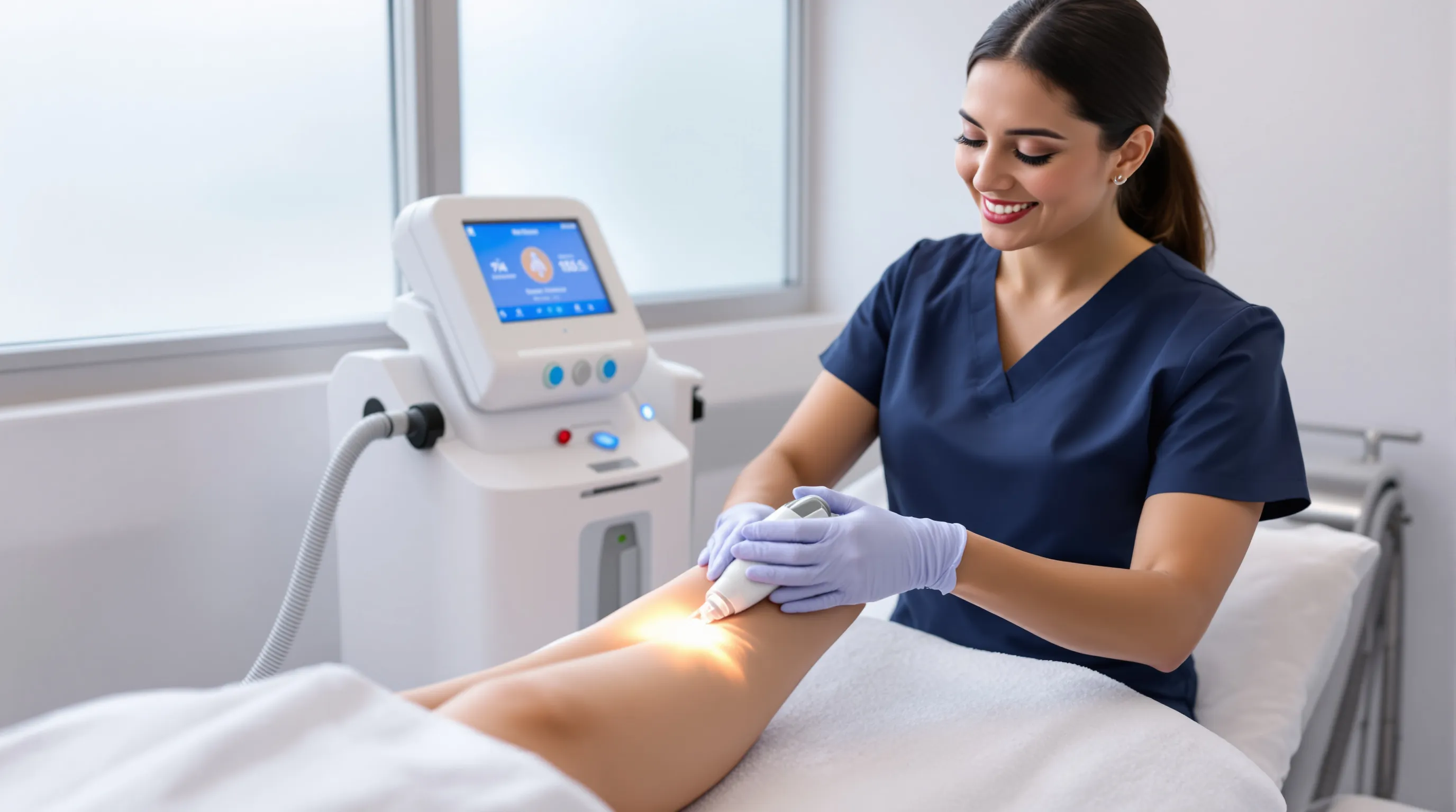 Clinician glides a cooled diode laser over a patient’s gel-covered lower leg.