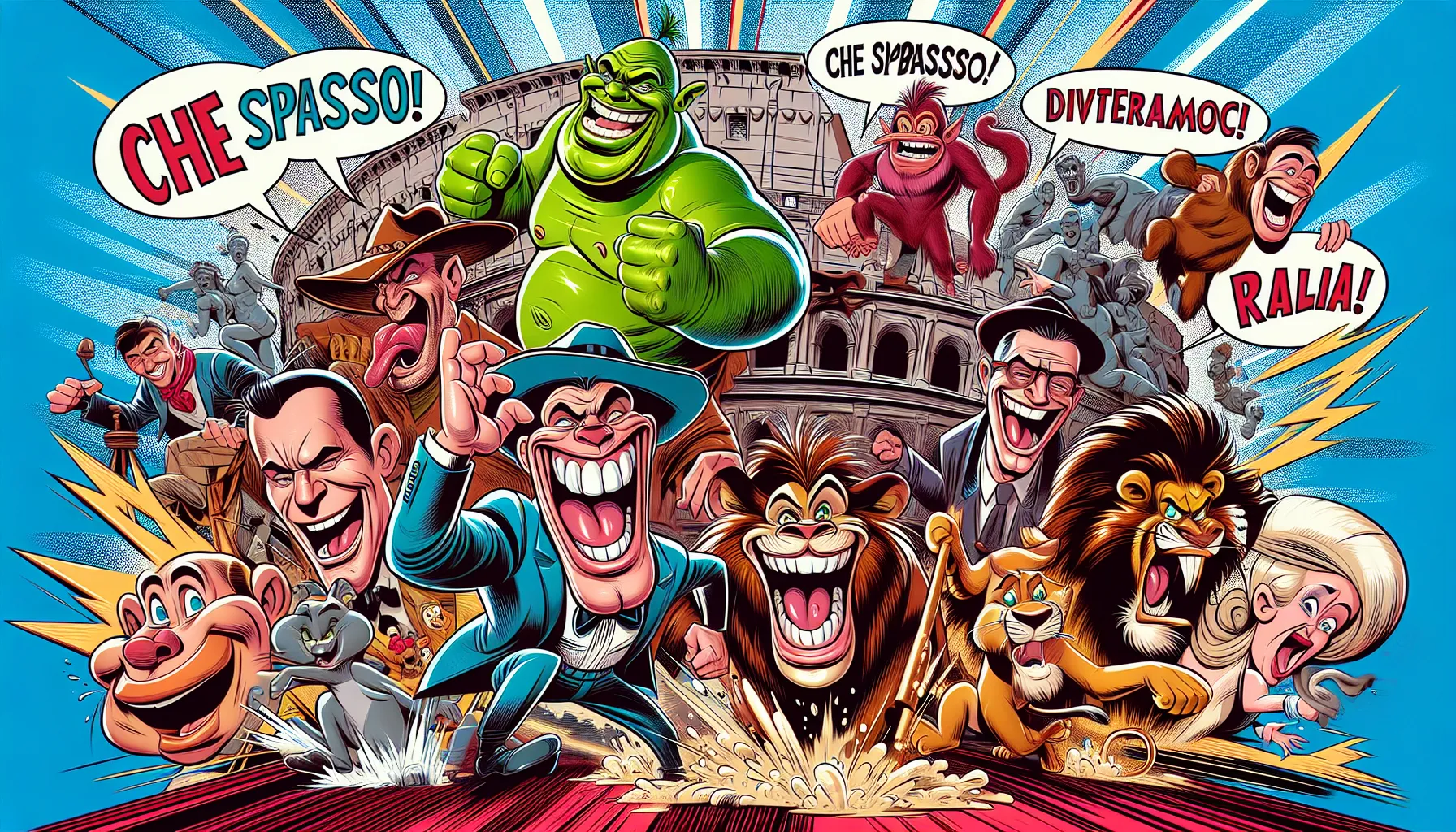 cartoon icons from animated movies laughing in a lively comic scene