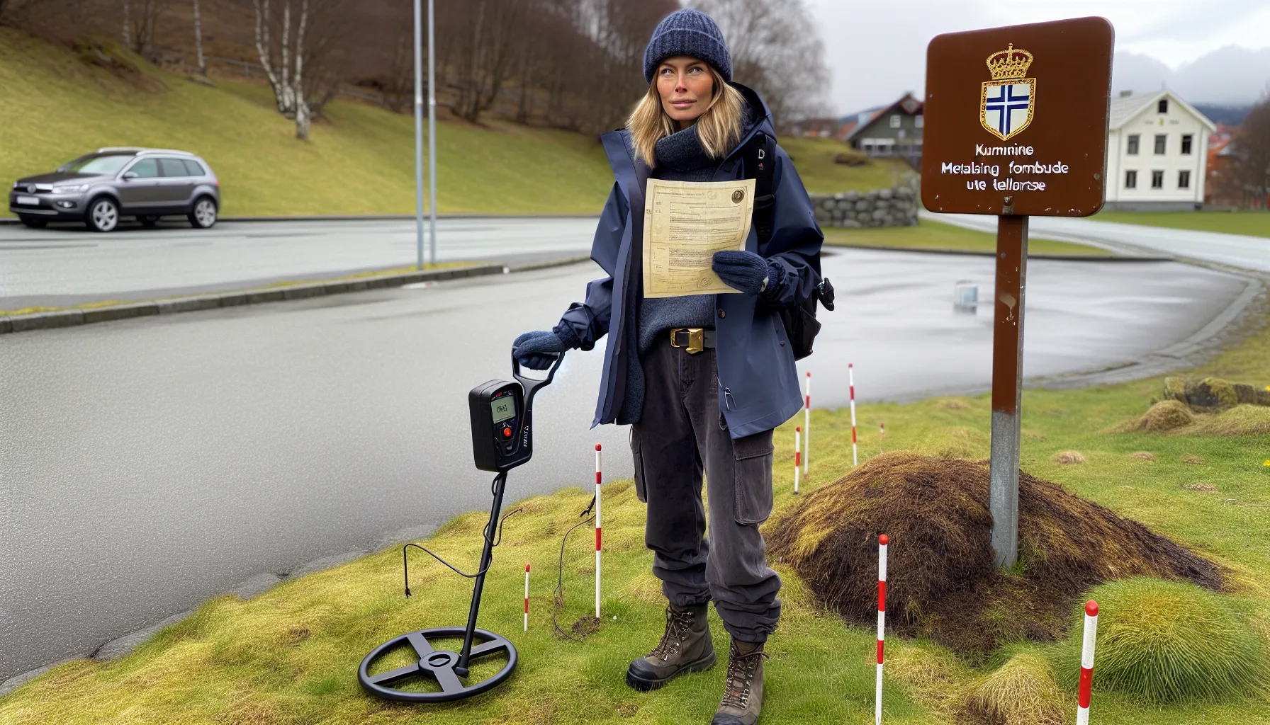 Woman with metal detector checks permit near protected heritage zone sign in norway.