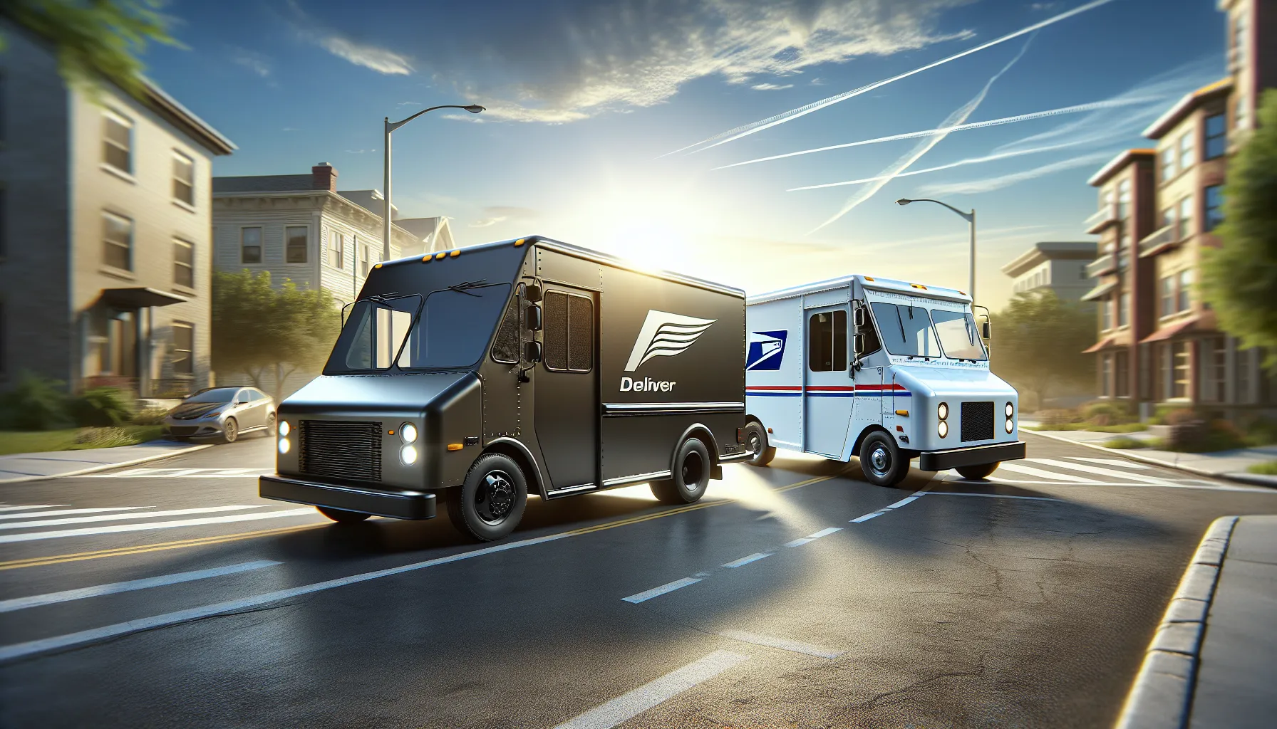 A USPS and a UPS delivery truck side by side on a suburban street.