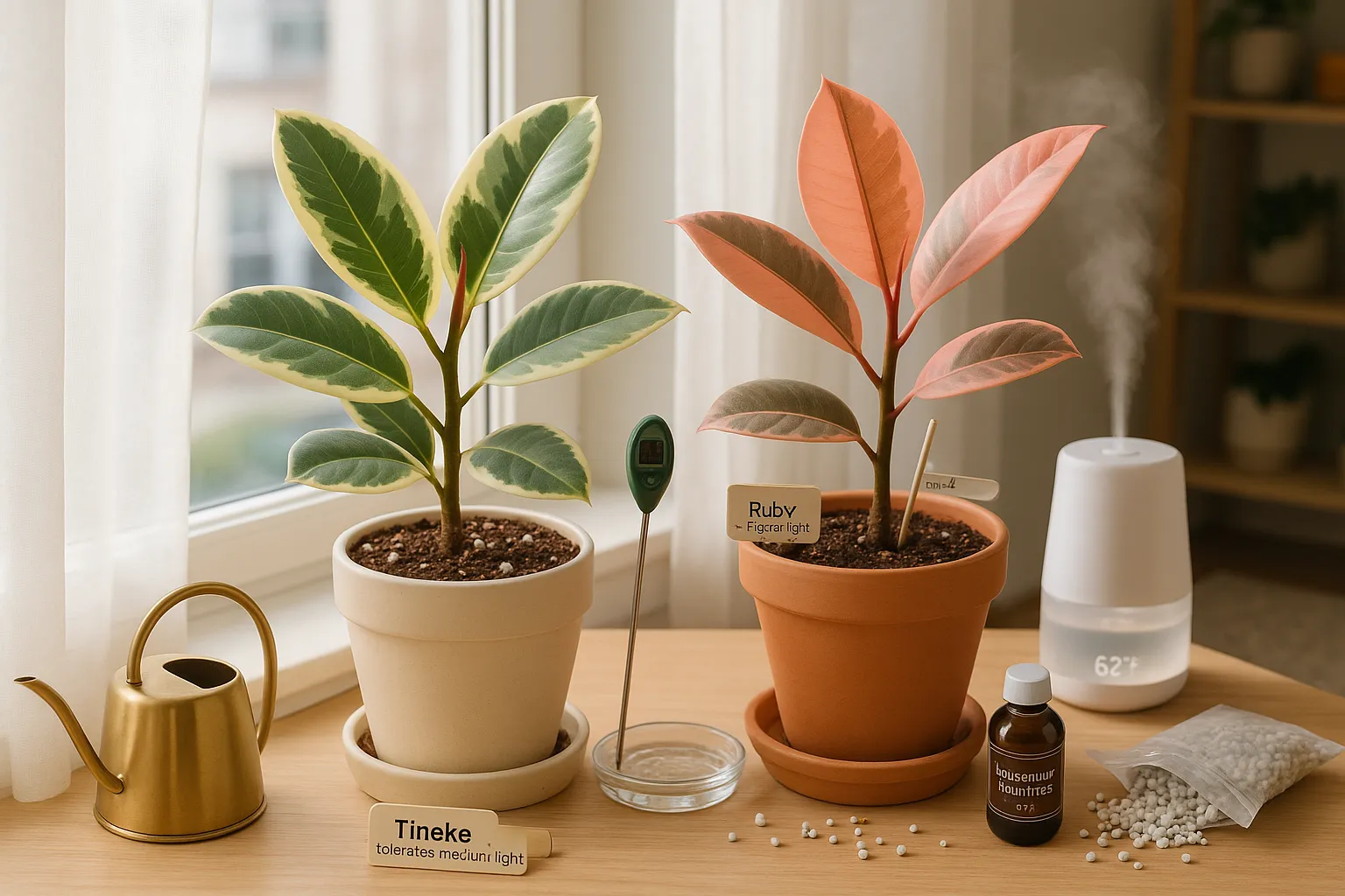 Two potted rubber plants (Tineke and Ruby) by a sheer-window sill