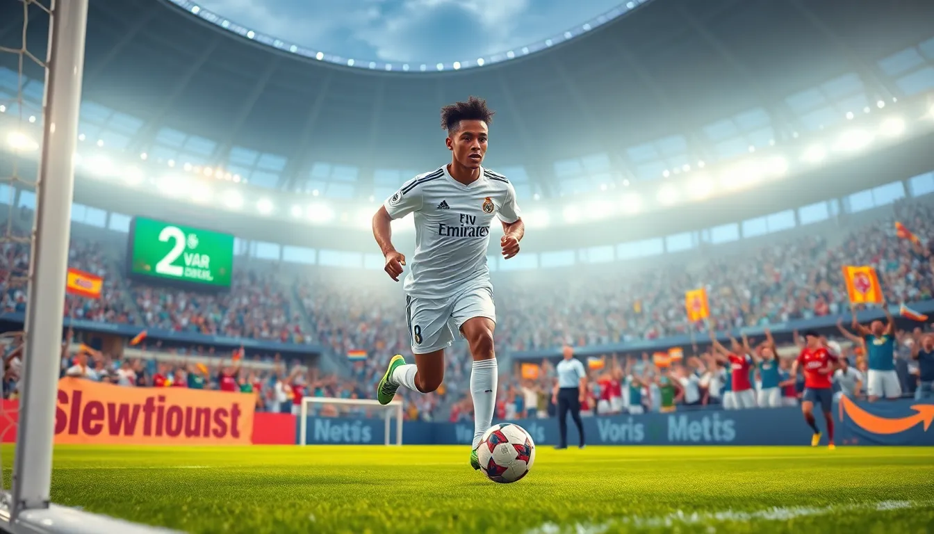 A young football player in action during a match with fans in the background.