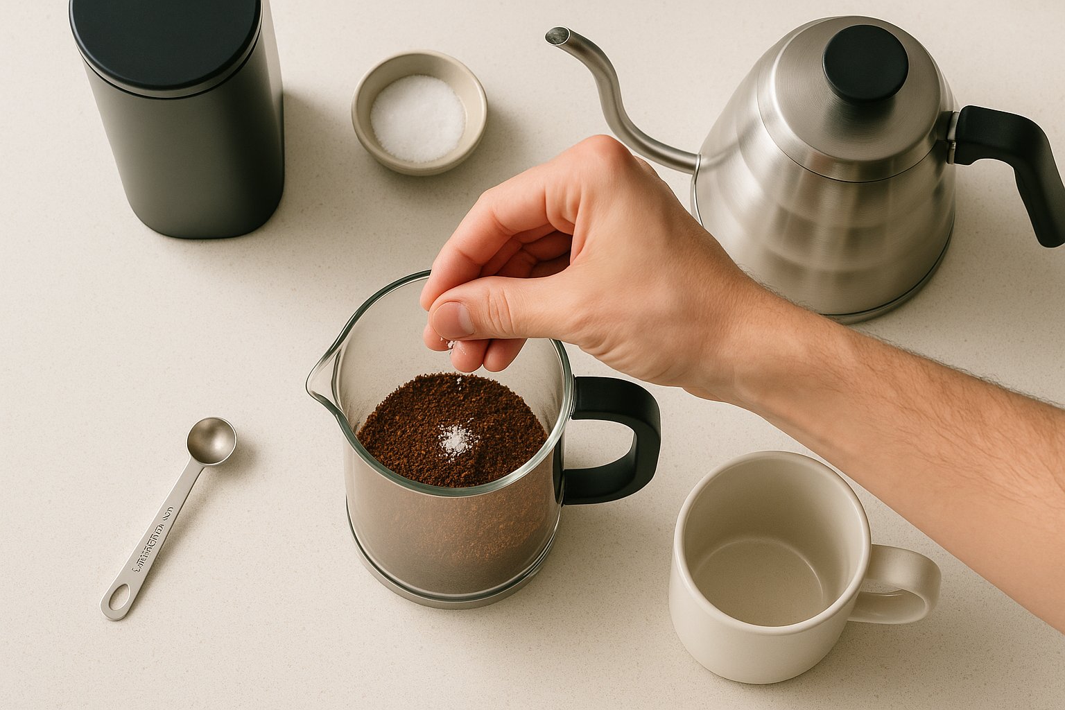 Hand adding a small pinch of salt to coffee grounds.