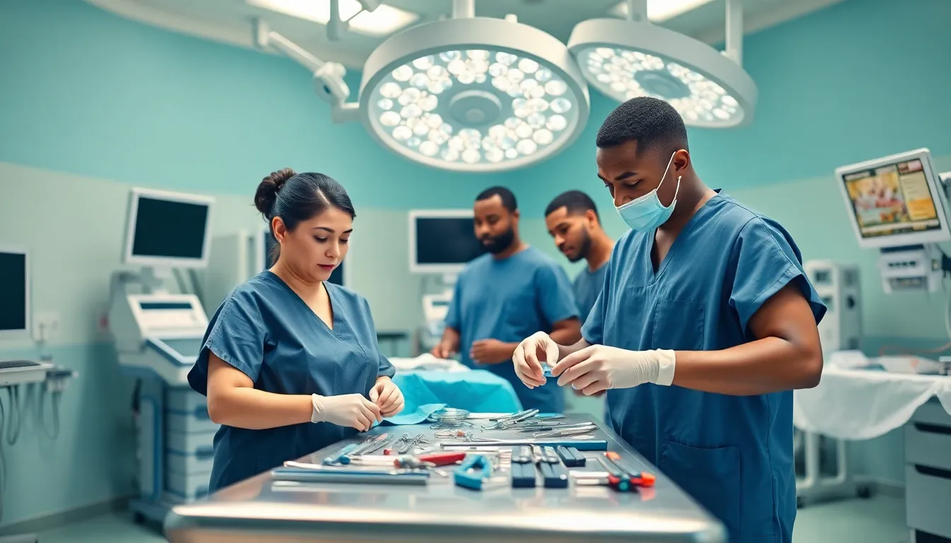 diverse surgical tech team in a modern operating room.