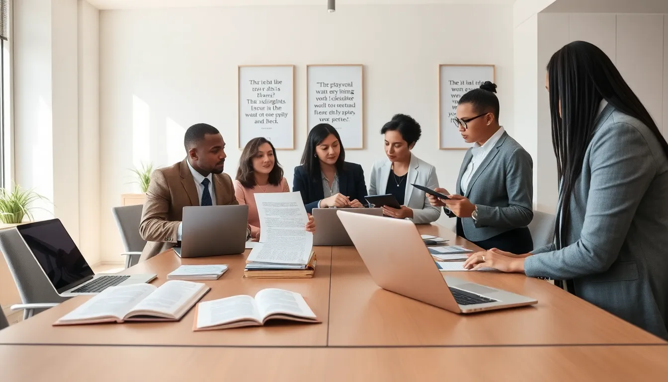 a diverse team collaborating on playwriting formats in a modern office.
