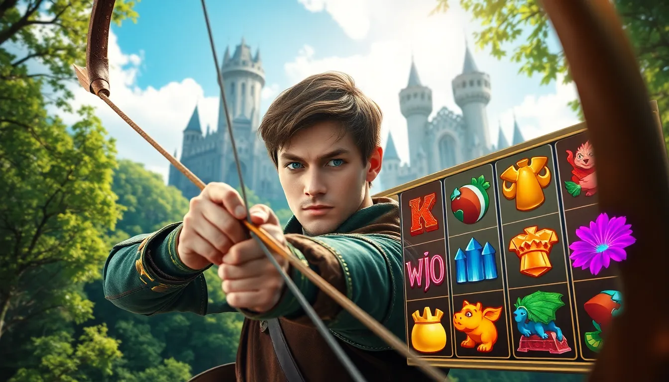 an archer preparing to shoot in a vibrant medieval slot game setting.