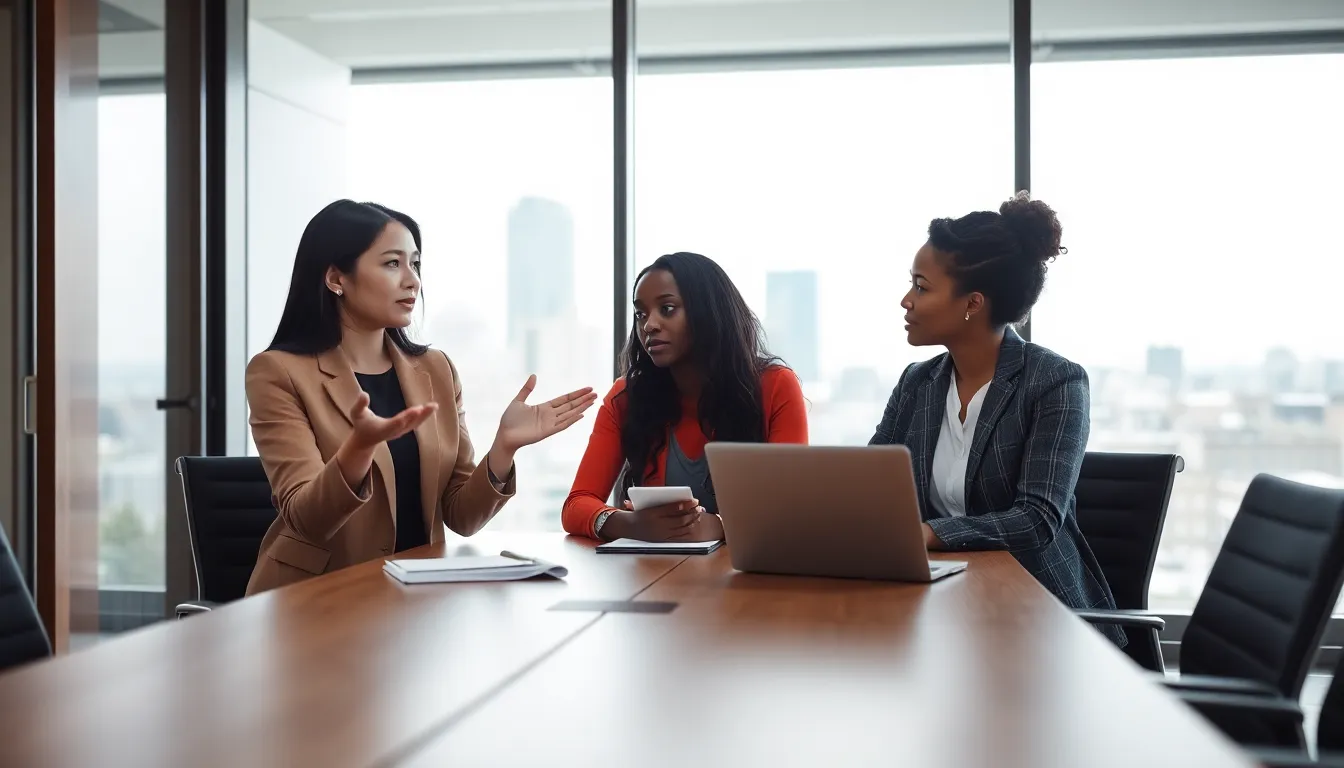 two diverse women discussing in a modern office environment.