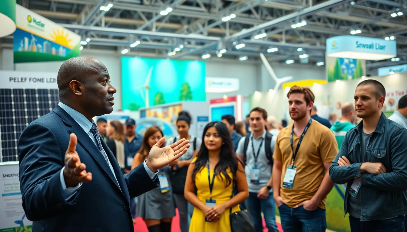 a diverse crowd at an energy expo discussing power solutions.