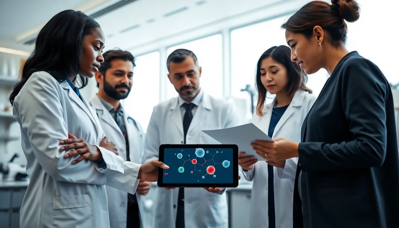 healthcare professionals discussing nostertamine in a modern laboratory.