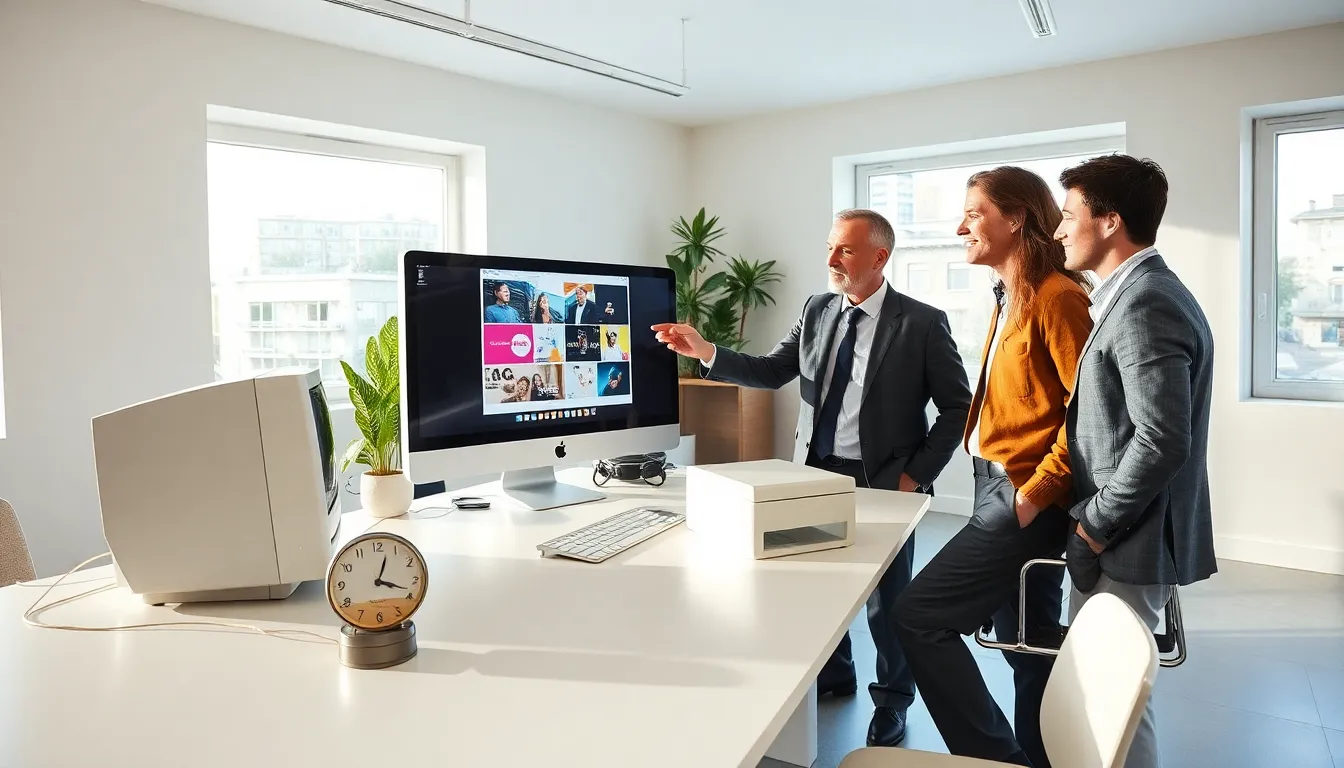 professionals discussing in a modern workspace with a vintage Apple computer.