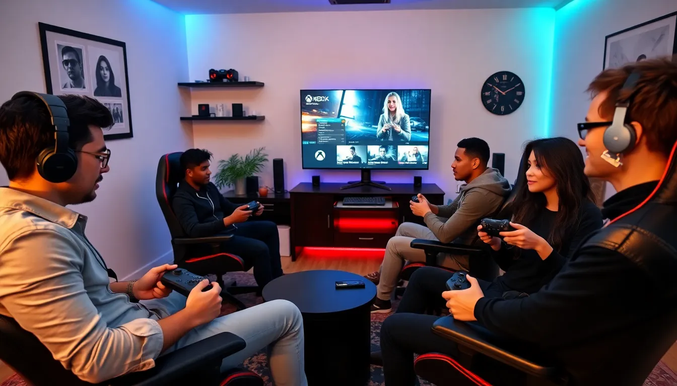 diverse gamers engaged in a modern Xbox gaming session.