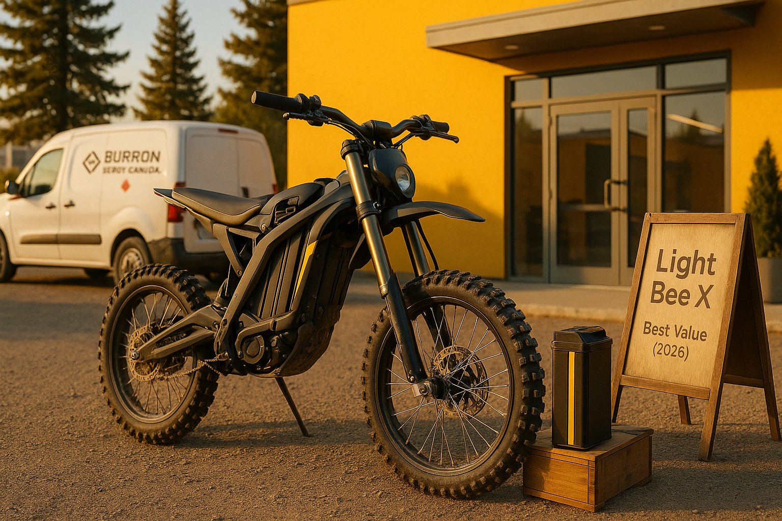 2026 Surron Light Bee X outside a Canadian showroom with delivery van.
