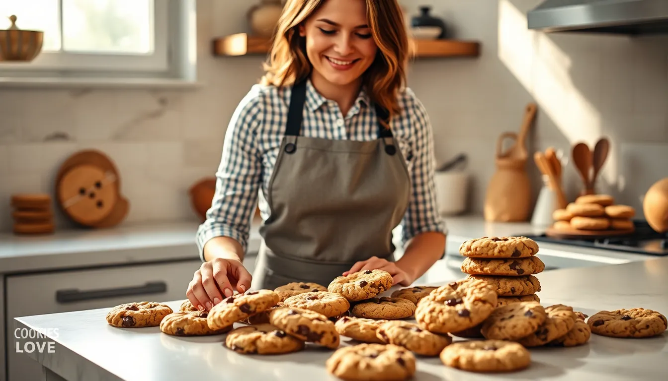 baker arranging a variety of freshly baked cookies in a cozy kitchen.