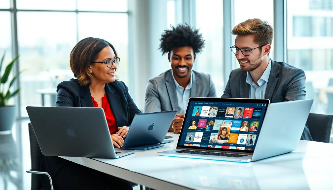 diverse team discussing technology audio books in a modern office.