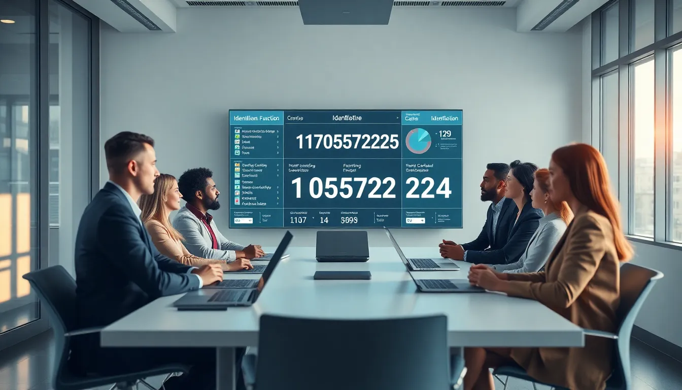 professionals discussing identification codes in a modern office.