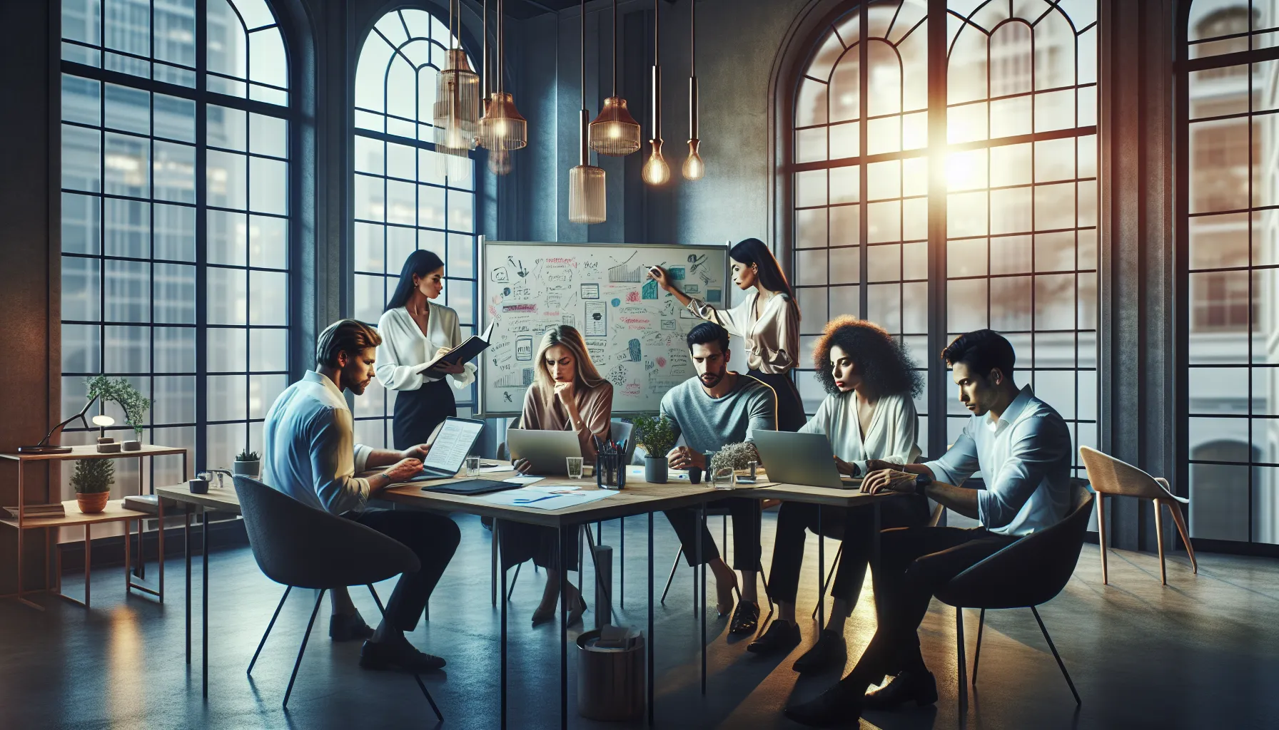 diverse team discussing in a modern office setting.