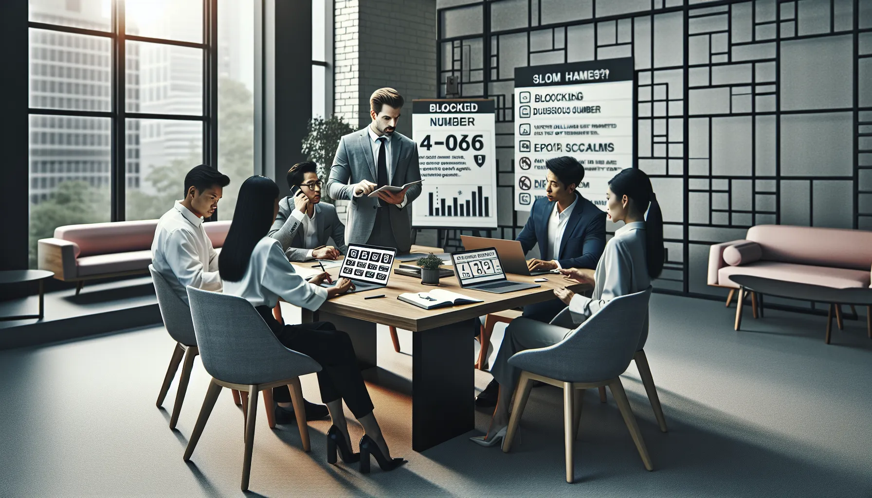 diverse team discussing ways to protect against spam calls in a conference room.