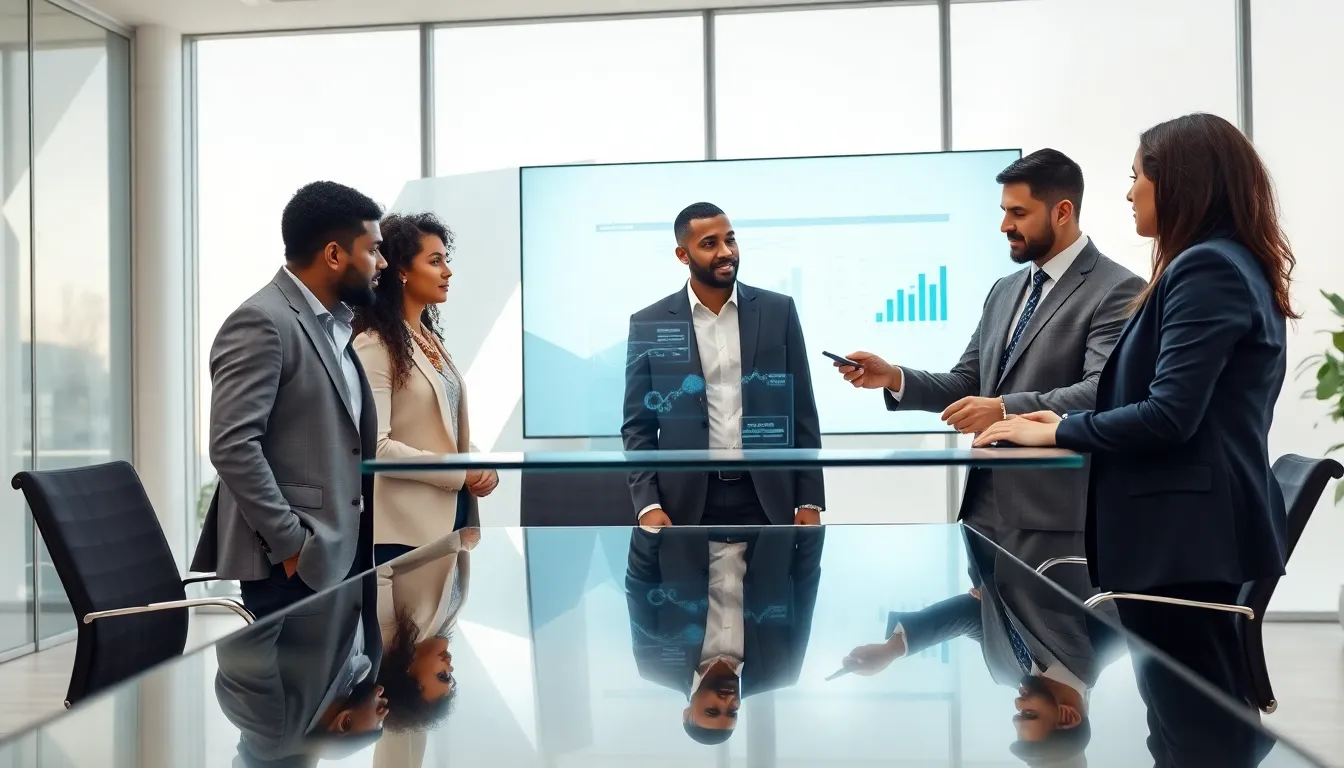 diverse team discussing ideas in a modern office setting.
